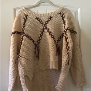 Beige and brown leather tie sweater